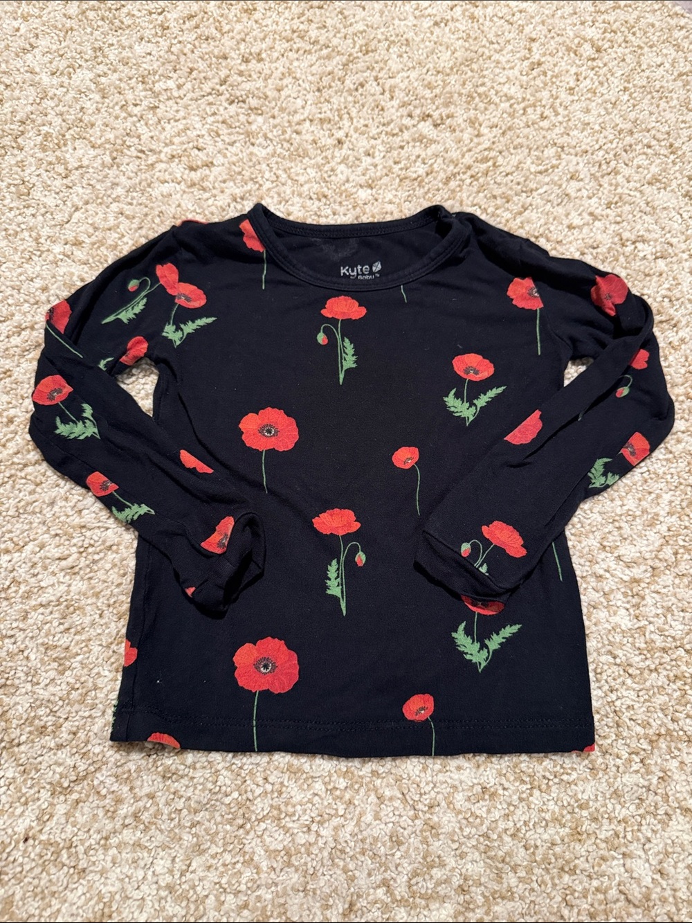 Kyte BABY Black Kids Pajama Set with Red Poppy Print - Picture 3 of 6